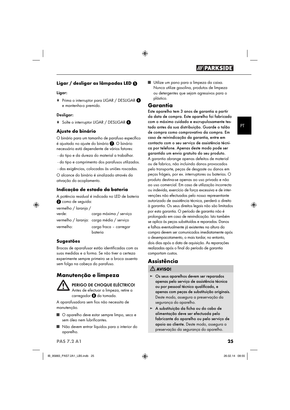 Manutenção e limpeza, Garantia, Assistência | Parkside PAS 7.2 A1 User Manual | Page 28 / 46