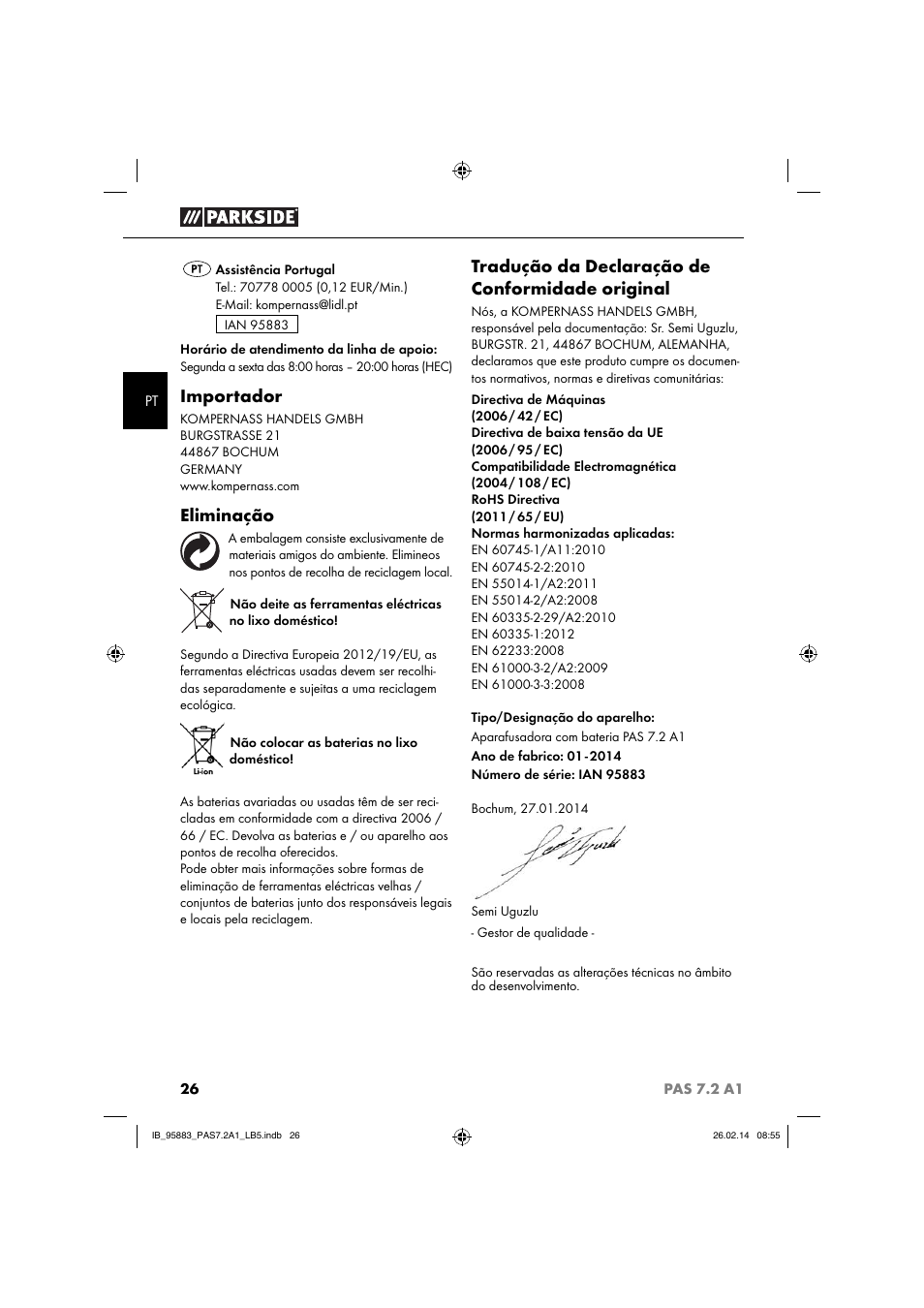 Importador, Eliminação, Tradução da declaração de conformidade original | Parkside PAS 7.2 A1 User Manual | Page 29 / 46