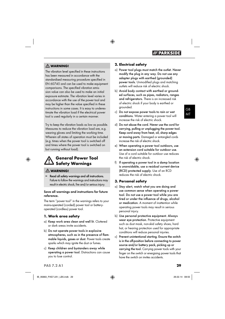 General power tool safety warnings | Parkside PAS 7.2 A1 User Manual | Page 32 / 46