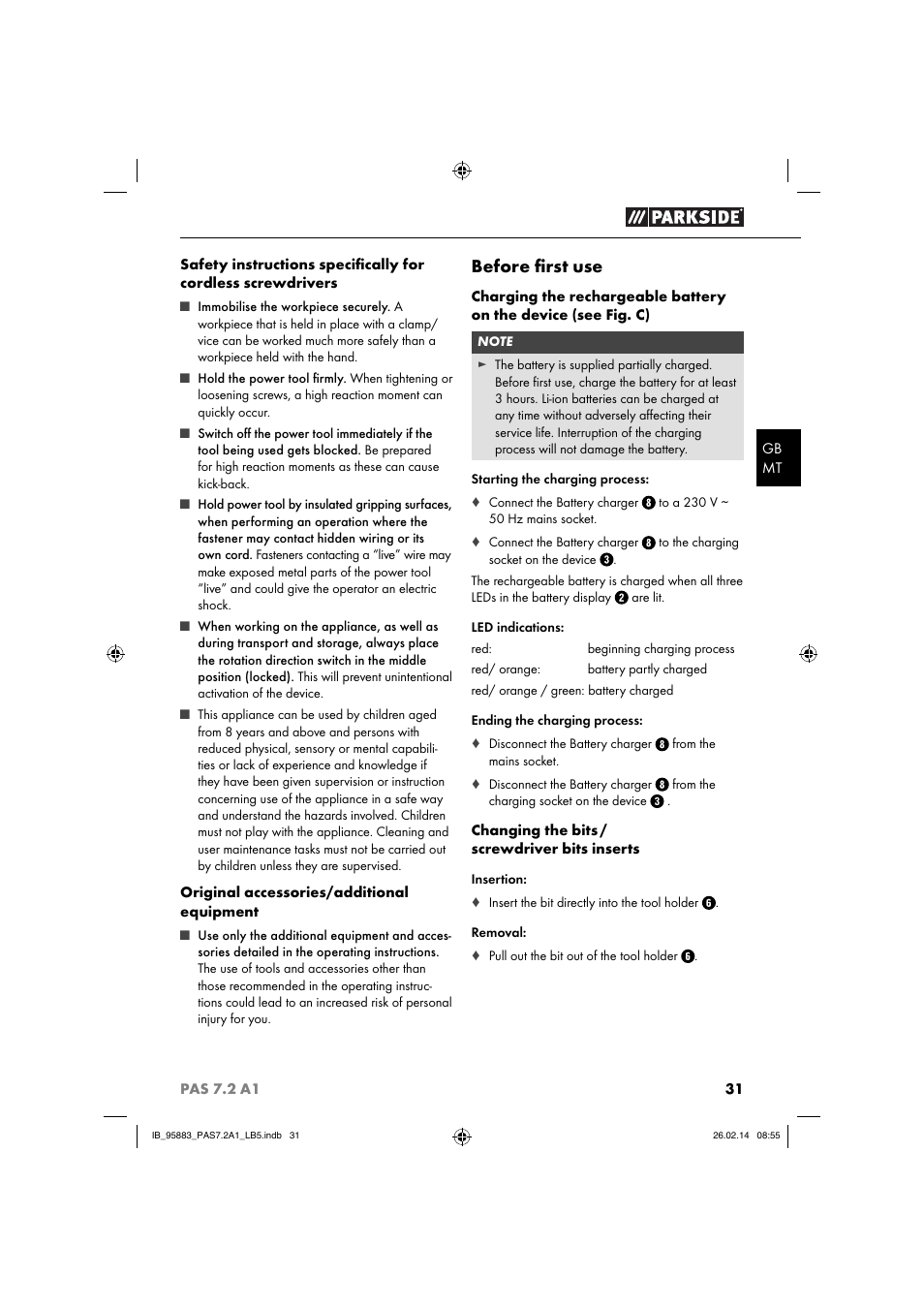 Before ﬁ rst use | Parkside PAS 7.2 A1 User Manual | Page 34 / 46