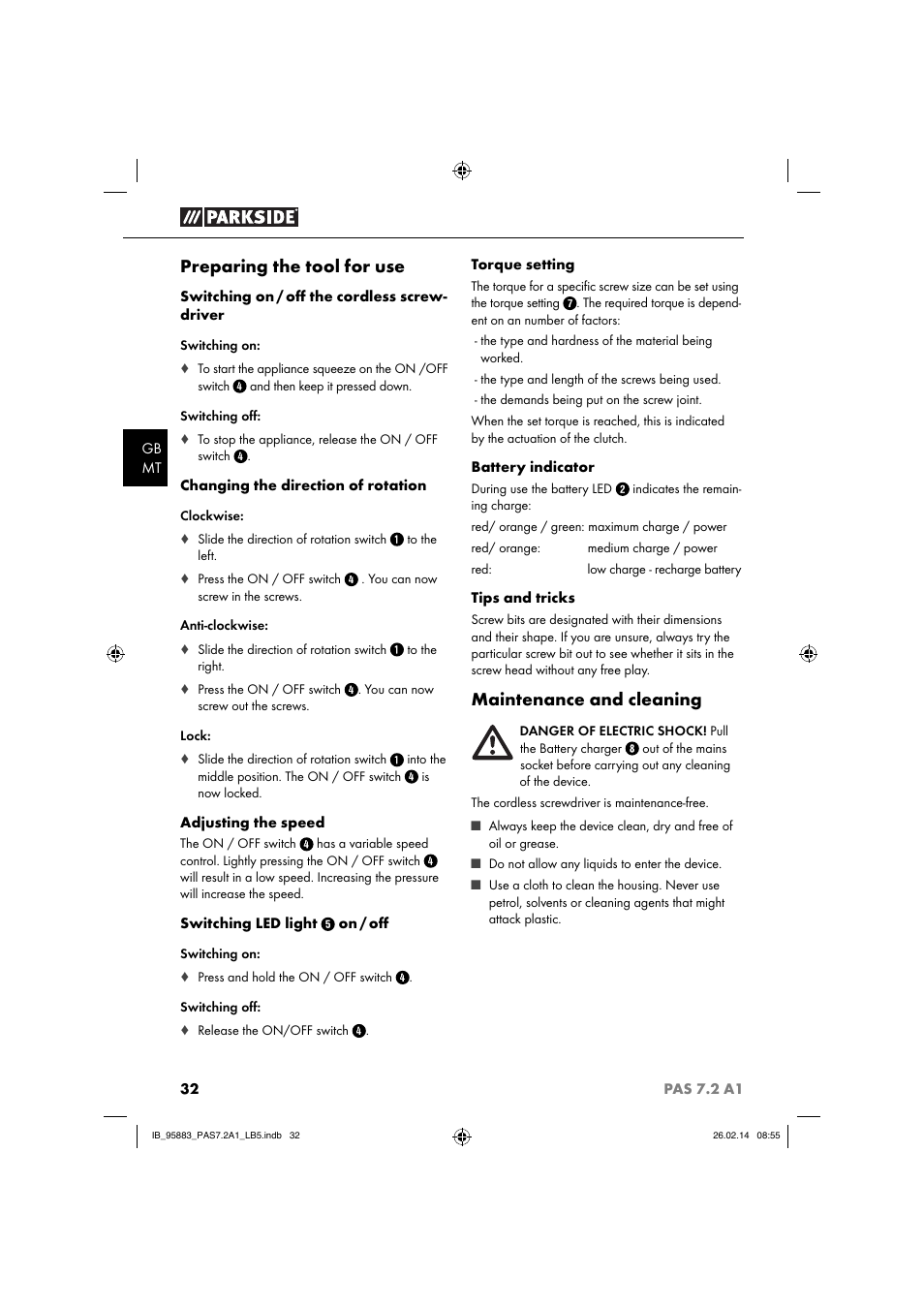 Preparing the tool for use, Maintenance and cleaning | Parkside PAS 7.2 A1 User Manual | Page 35 / 46