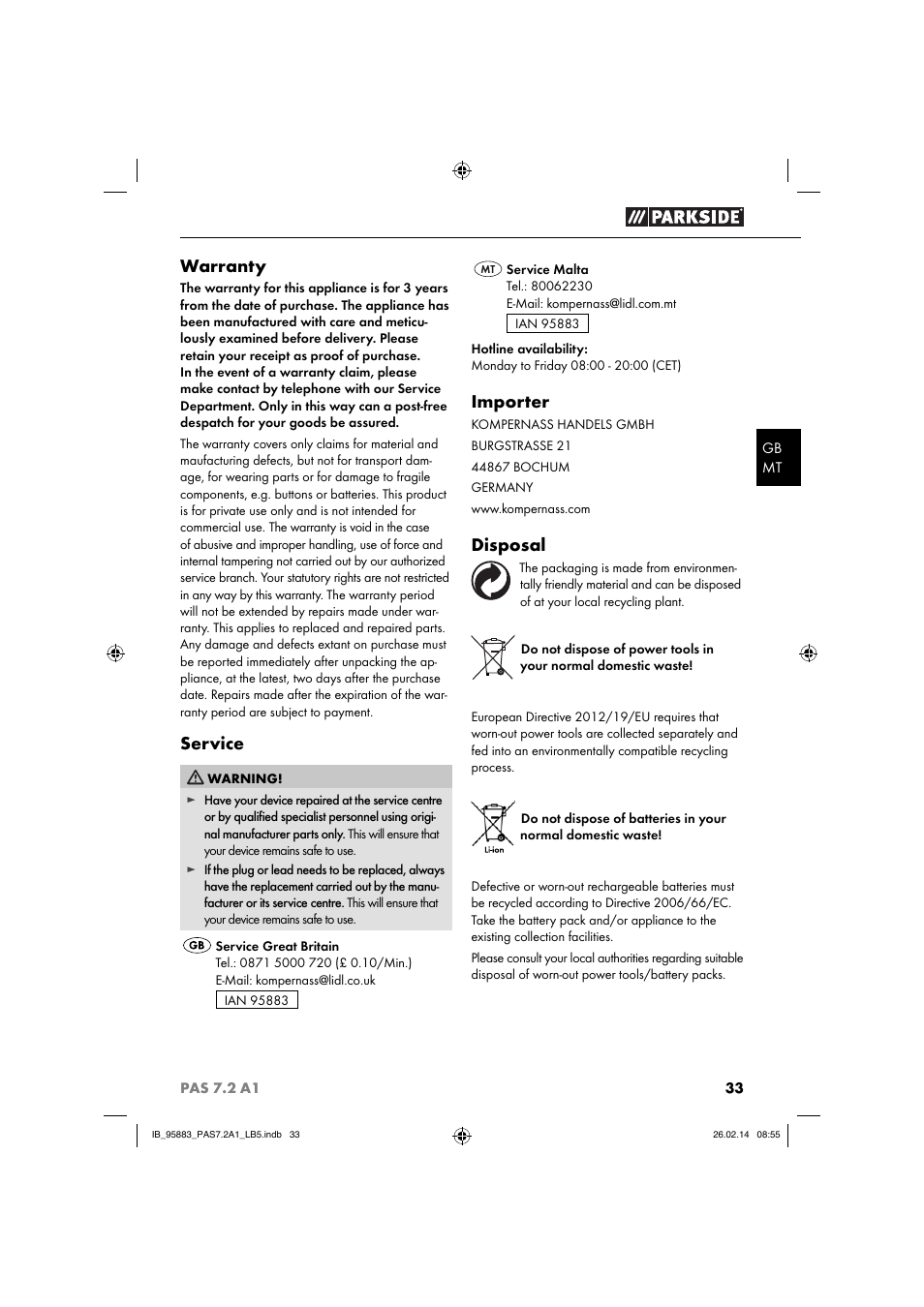 Warranty, Service, Importer | Disposal | Parkside PAS 7.2 A1 User Manual | Page 36 / 46