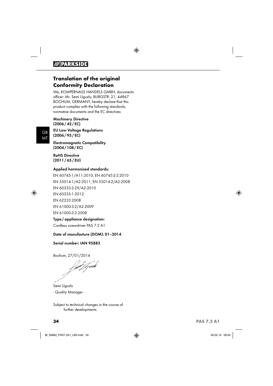 Translation of the original conformity declaration | Parkside PAS 7.2 A1 User Manual | Page 37 / 46