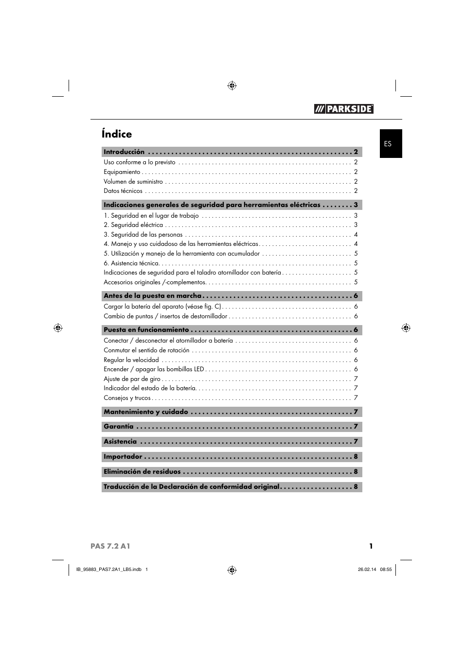 Índice | Parkside PAS 7.2 A1 User Manual | Page 4 / 46