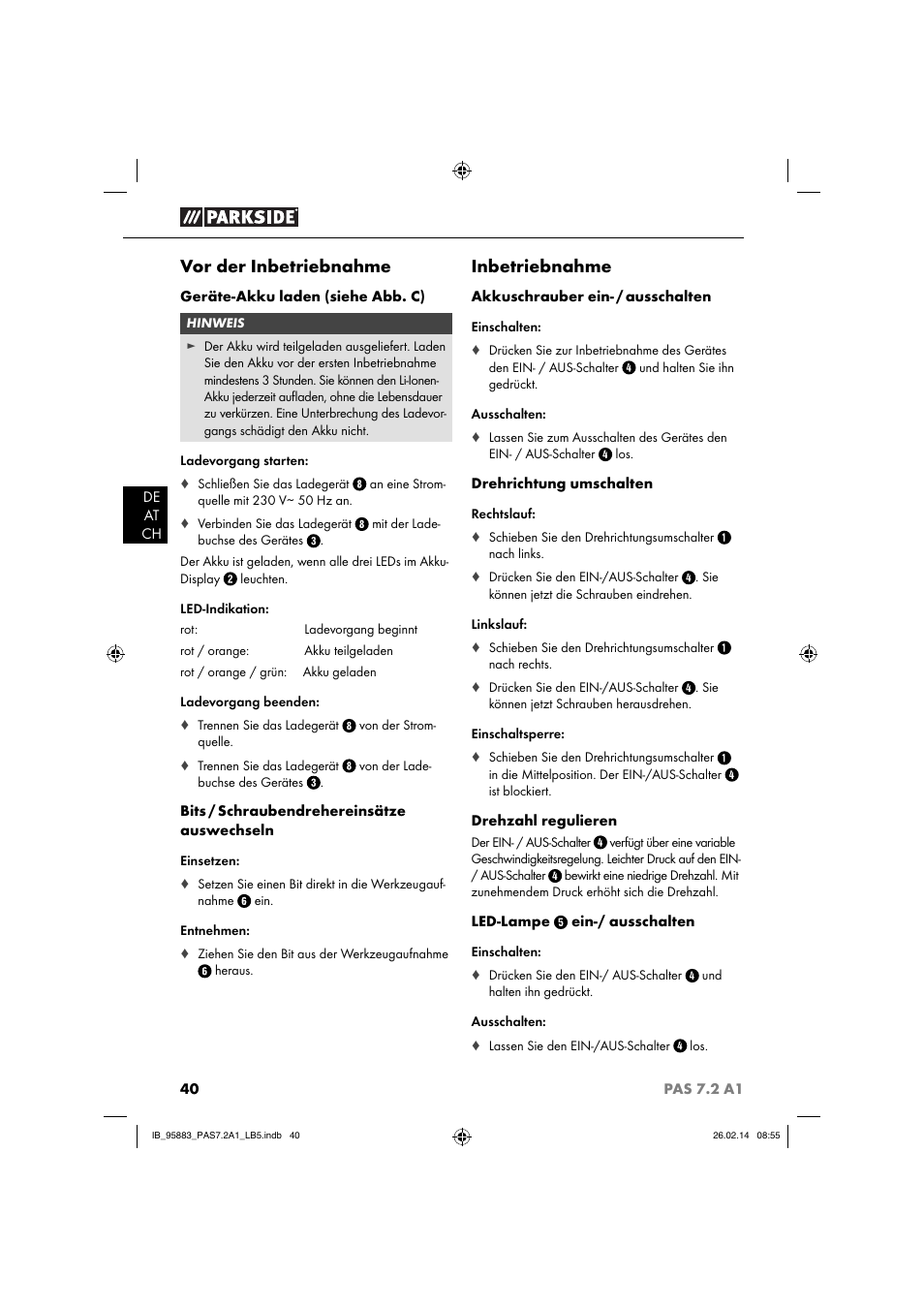 Vor der inbetriebnahme, Inbetriebnahme | Parkside PAS 7.2 A1 User Manual | Page 43 / 46