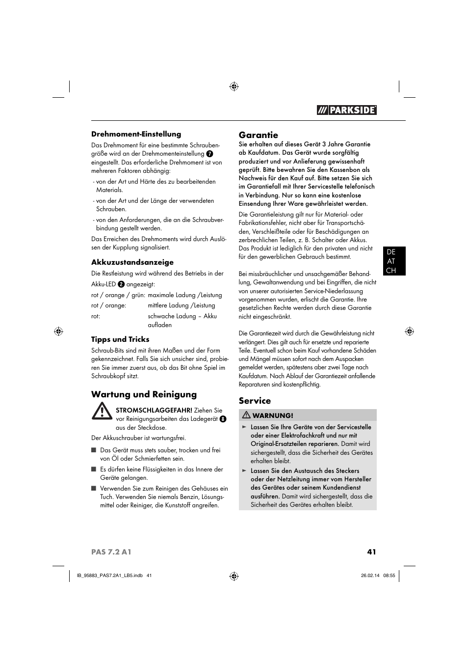 Wartung und reinigung, Garantie, Service | Parkside PAS 7.2 A1 User Manual | Page 44 / 46