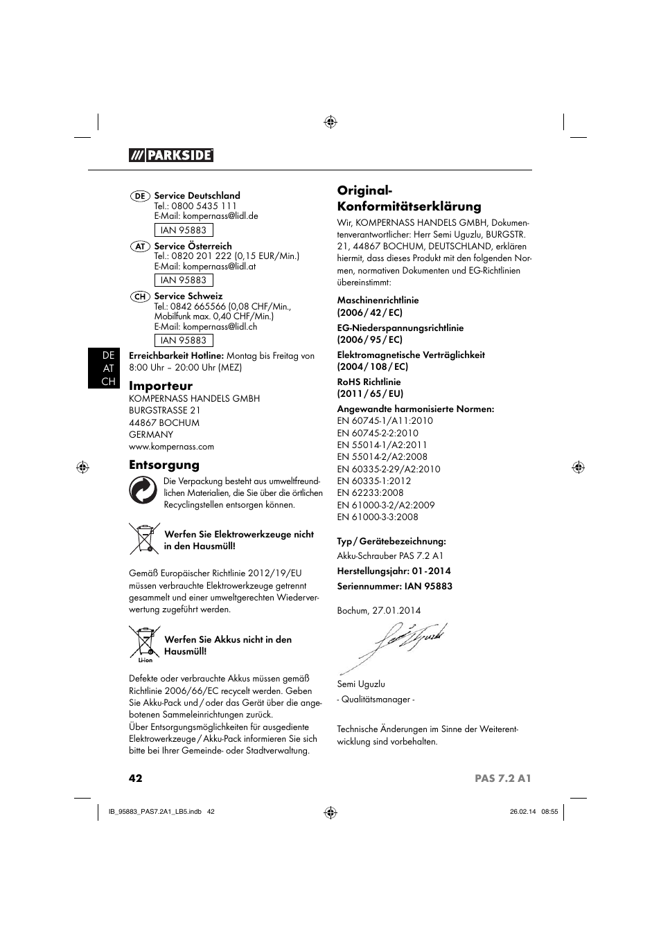 Importeur, Entsorgung, Original- konformitätserklärung | Parkside PAS 7.2 A1 User Manual | Page 45 / 46