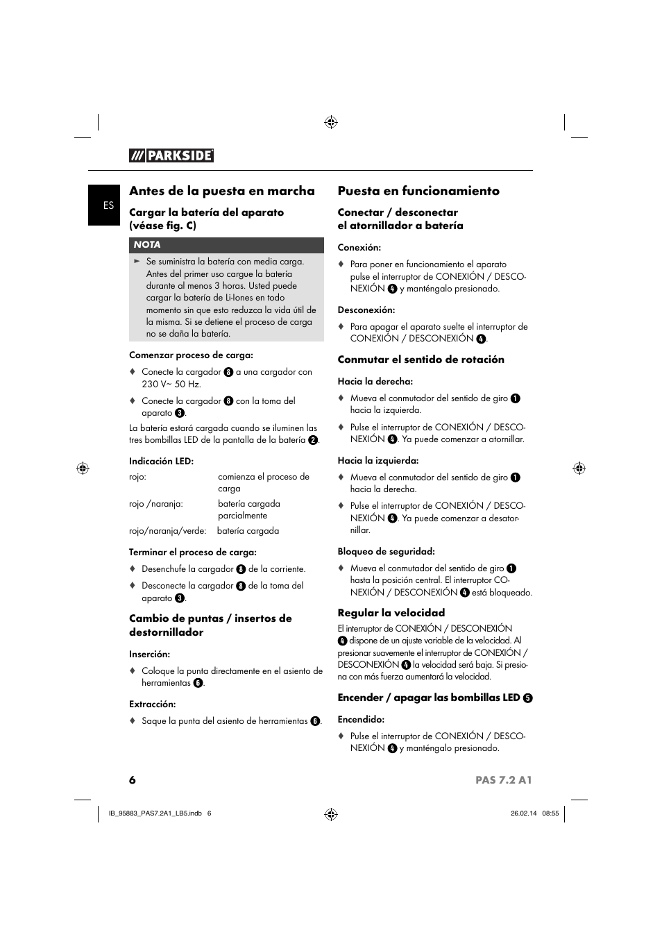 Antes de la puesta en marcha, Puesta en funcionamiento | Parkside PAS 7.2 A1 User Manual | Page 9 / 46