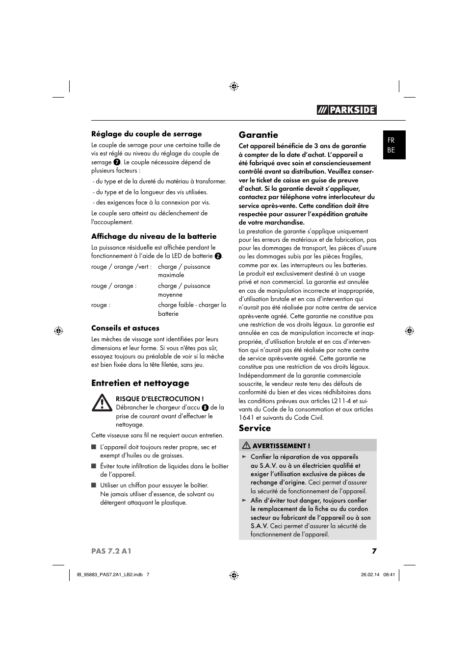 Entretien et nettoyage, Garantie, Service | Parkside PAS 7.2 A1 User Manual | Page 10 / 28