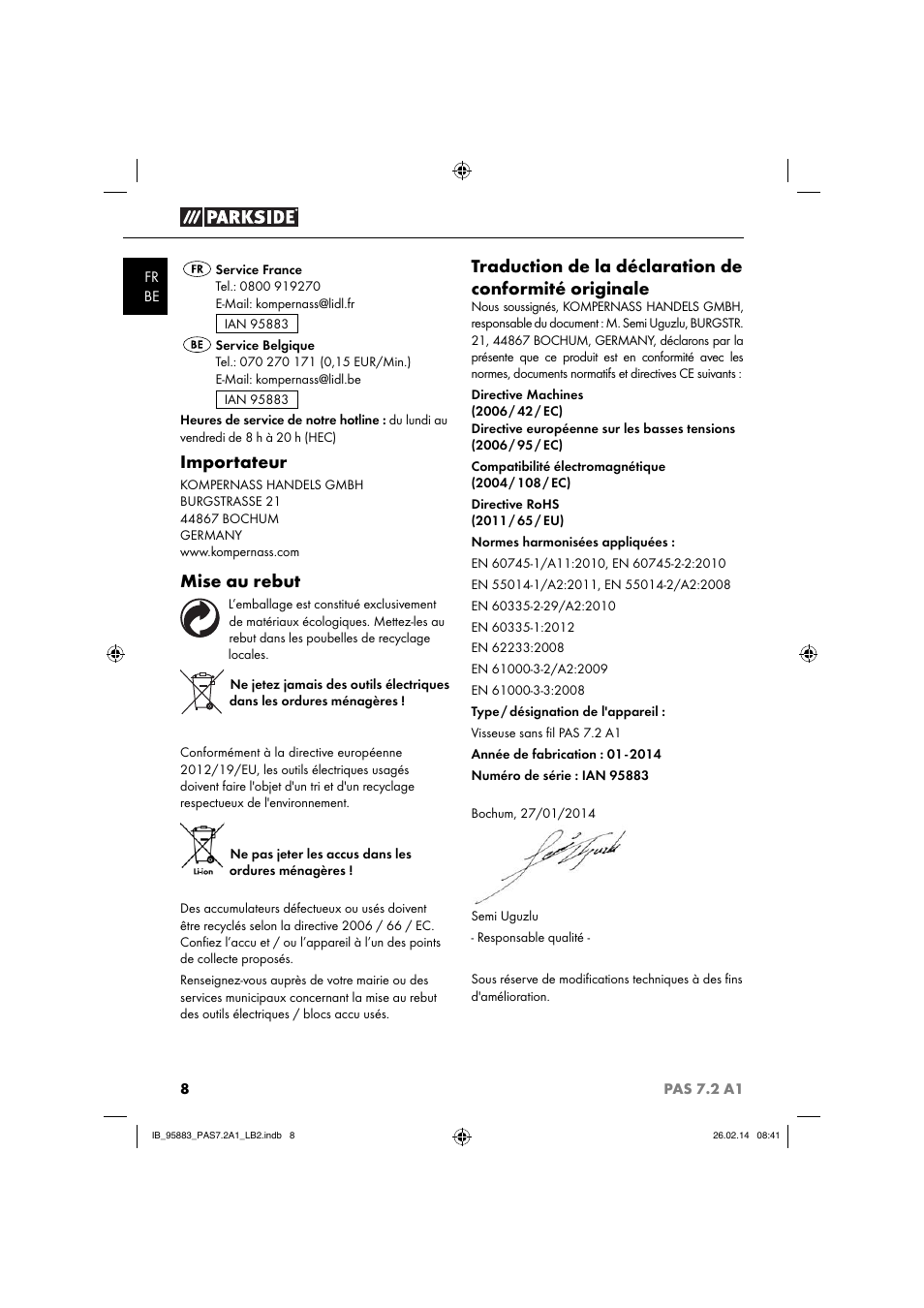 Importateur, Mise au rebut | Parkside PAS 7.2 A1 User Manual | Page 11 / 28