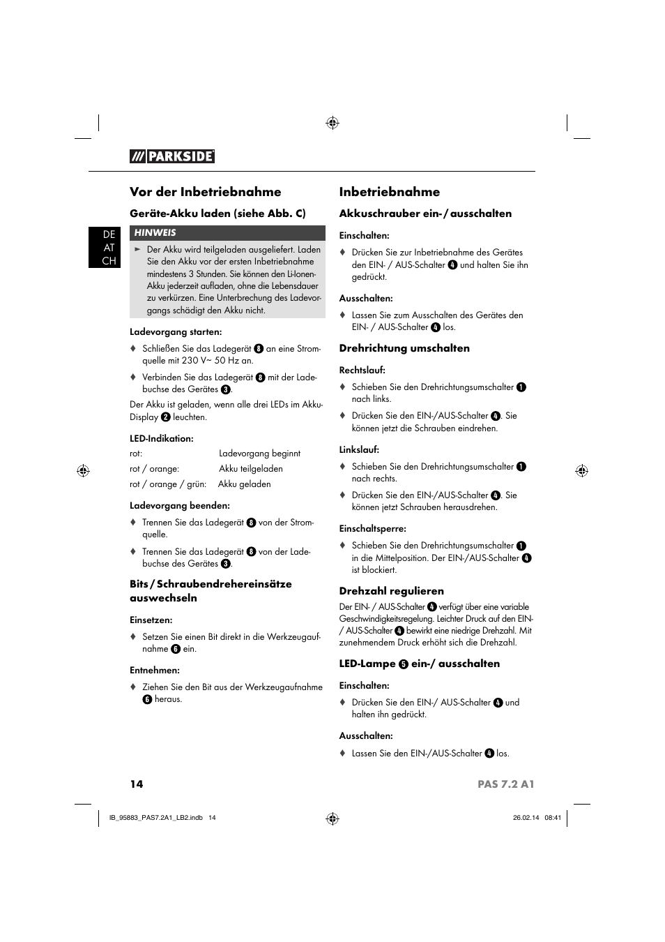 Vor der inbetriebnahme, Inbetriebnahme | Parkside PAS 7.2 A1 User Manual | Page 17 / 28