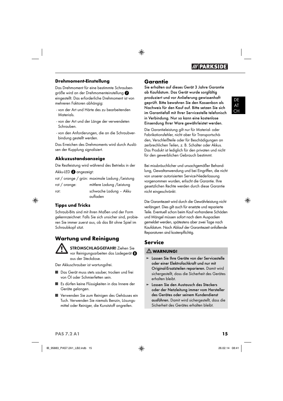 Wartung und reinigung, Garantie, Service | Parkside PAS 7.2 A1 User Manual | Page 18 / 28