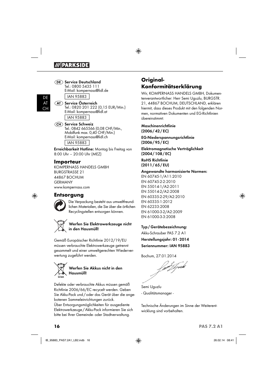 Importeur, Entsorgung, Original- konformitätserklärung | Parkside PAS 7.2 A1 User Manual | Page 19 / 28