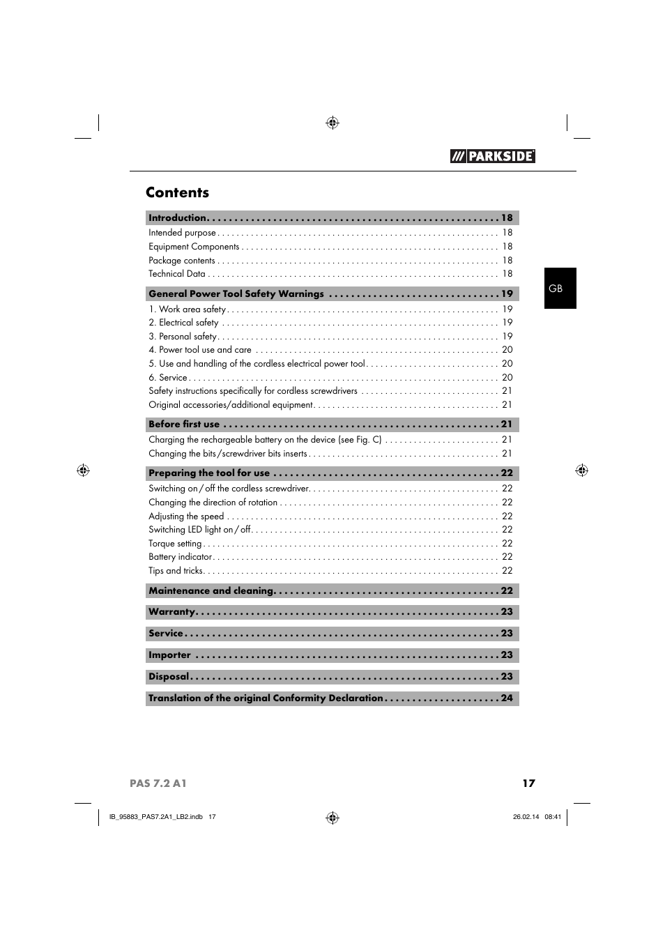 Parkside PAS 7.2 A1 User Manual | Page 20 / 28