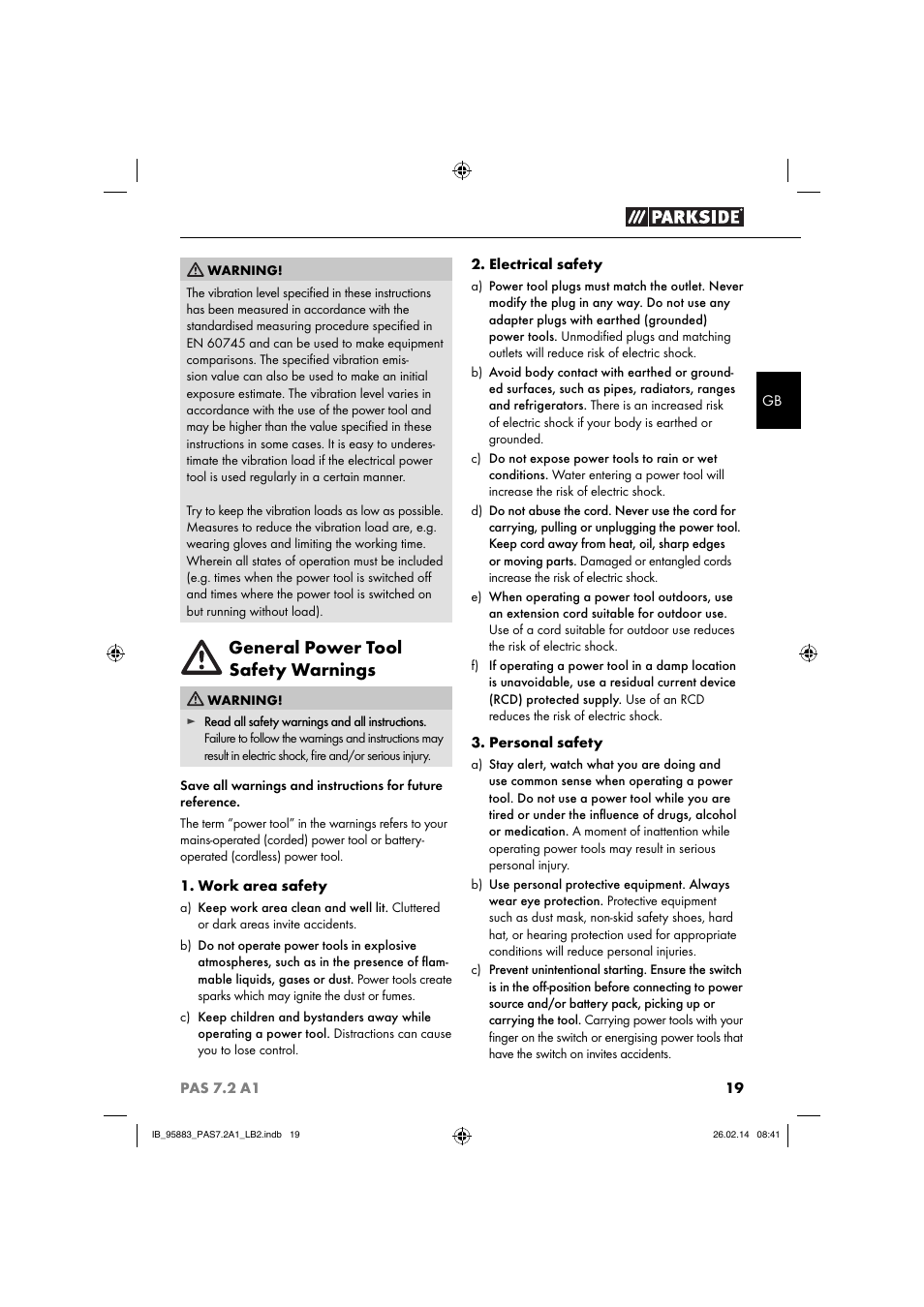 General power tool safety warnings | Parkside PAS 7.2 A1 User Manual | Page 22 / 28