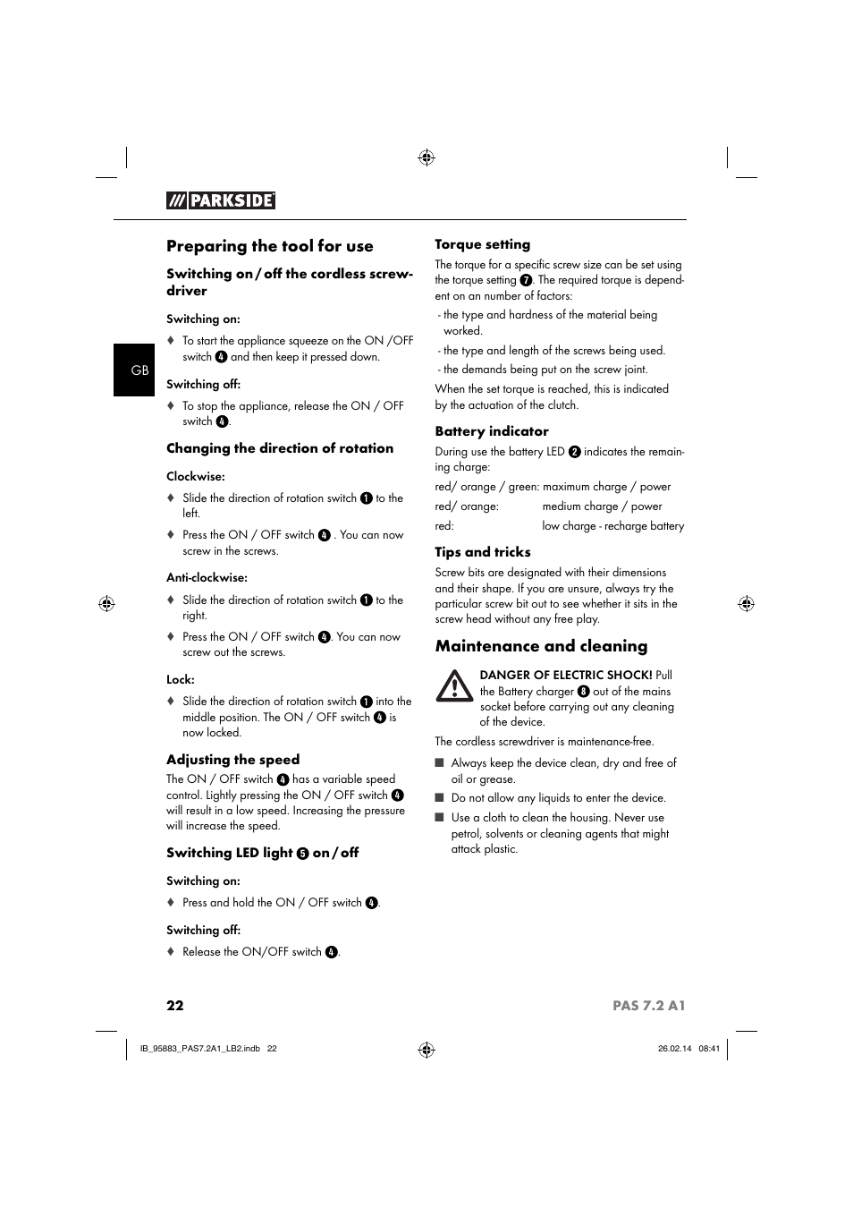 Preparing the tool for use, Maintenance and cleaning | Parkside PAS 7.2 A1 User Manual | Page 25 / 28