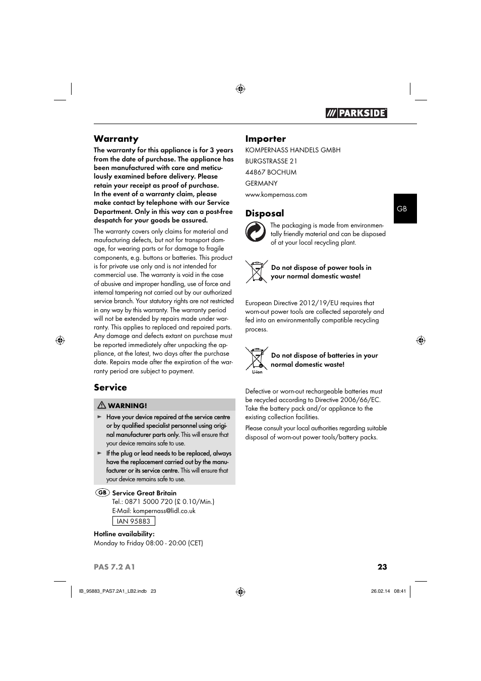 Warranty, Service, Importer | Disposal | Parkside PAS 7.2 A1 User Manual | Page 26 / 28