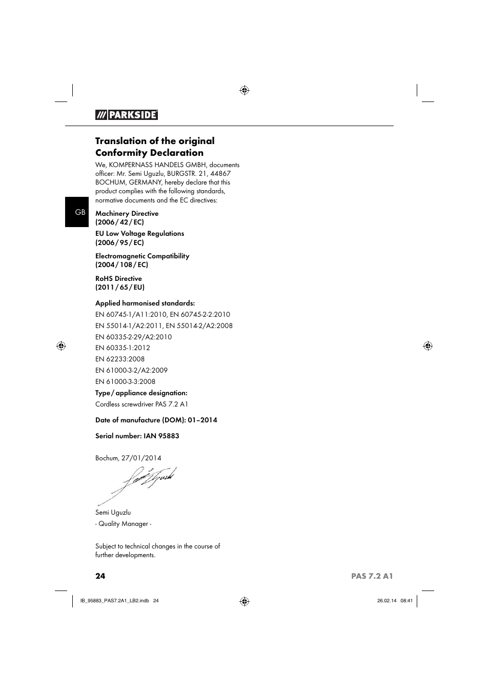 Translation of the original conformity declaration | Parkside PAS 7.2 A1 User Manual | Page 27 / 28