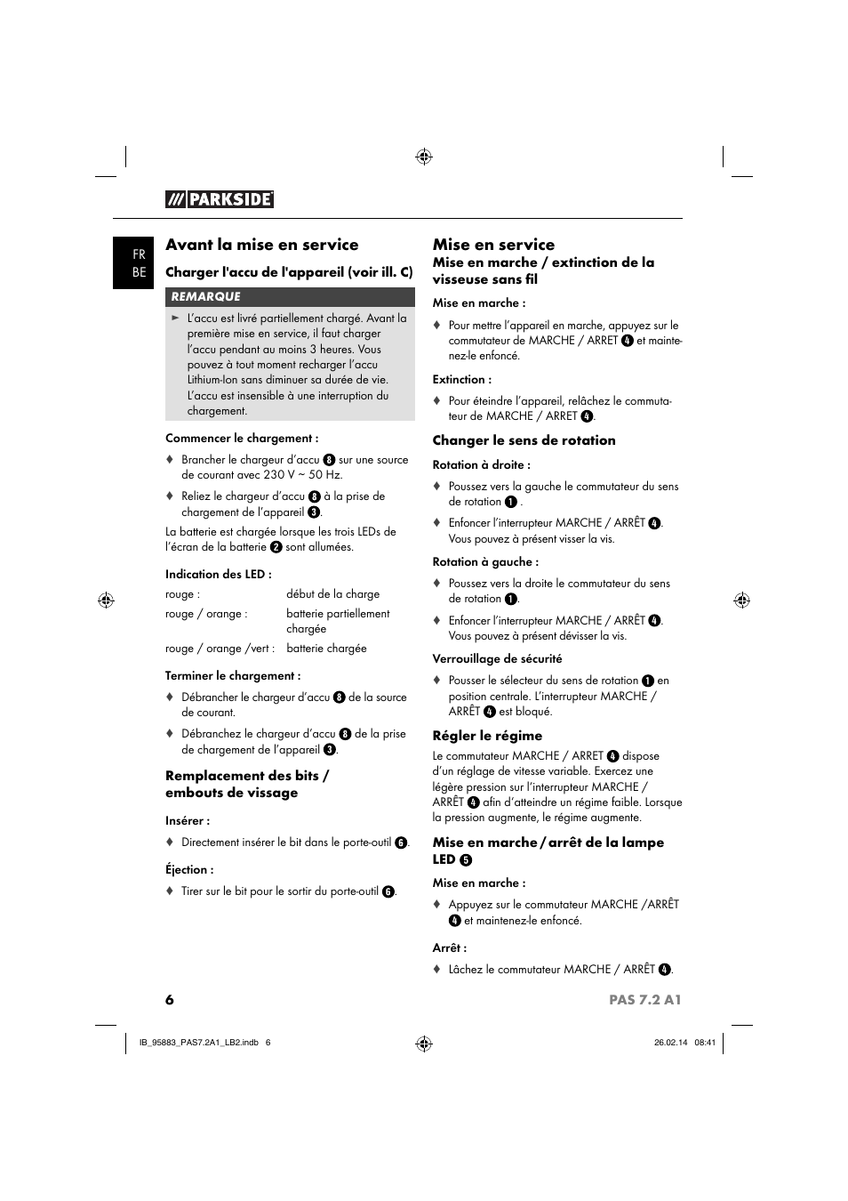 Avant la mise en service, Mise en service | Parkside PAS 7.2 A1 User Manual | Page 9 / 28