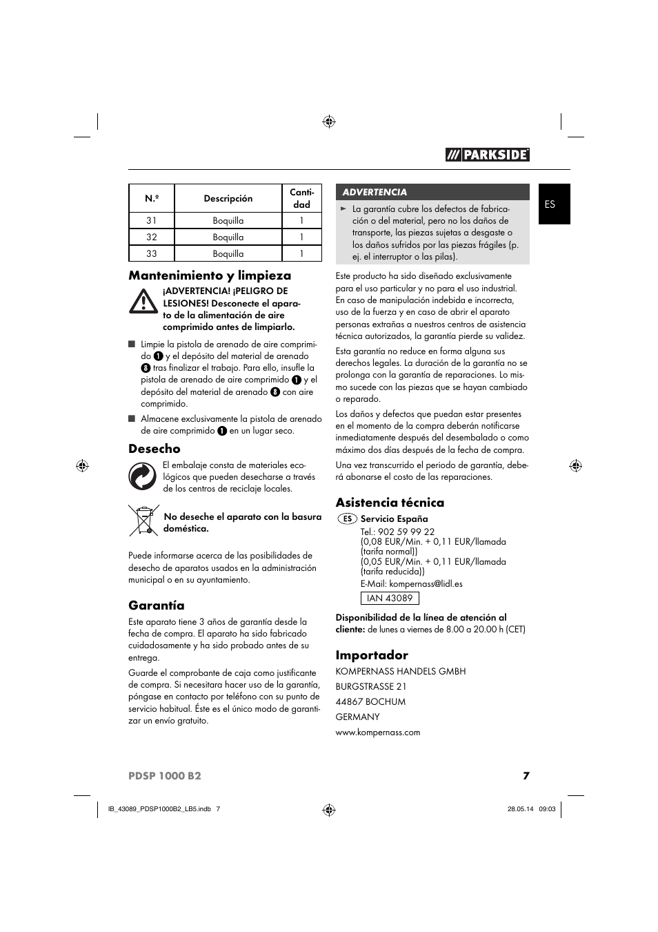 Mantenimiento y limpieza, Desecho, Garantía | Asistencia técnica, Importador | Parkside PDSP 1000 B2 User Manual | Page 11 / 45