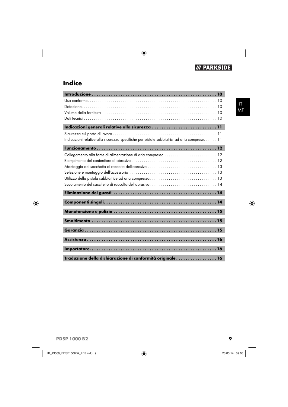 Indice | Parkside PDSP 1000 B2 User Manual | Page 13 / 45