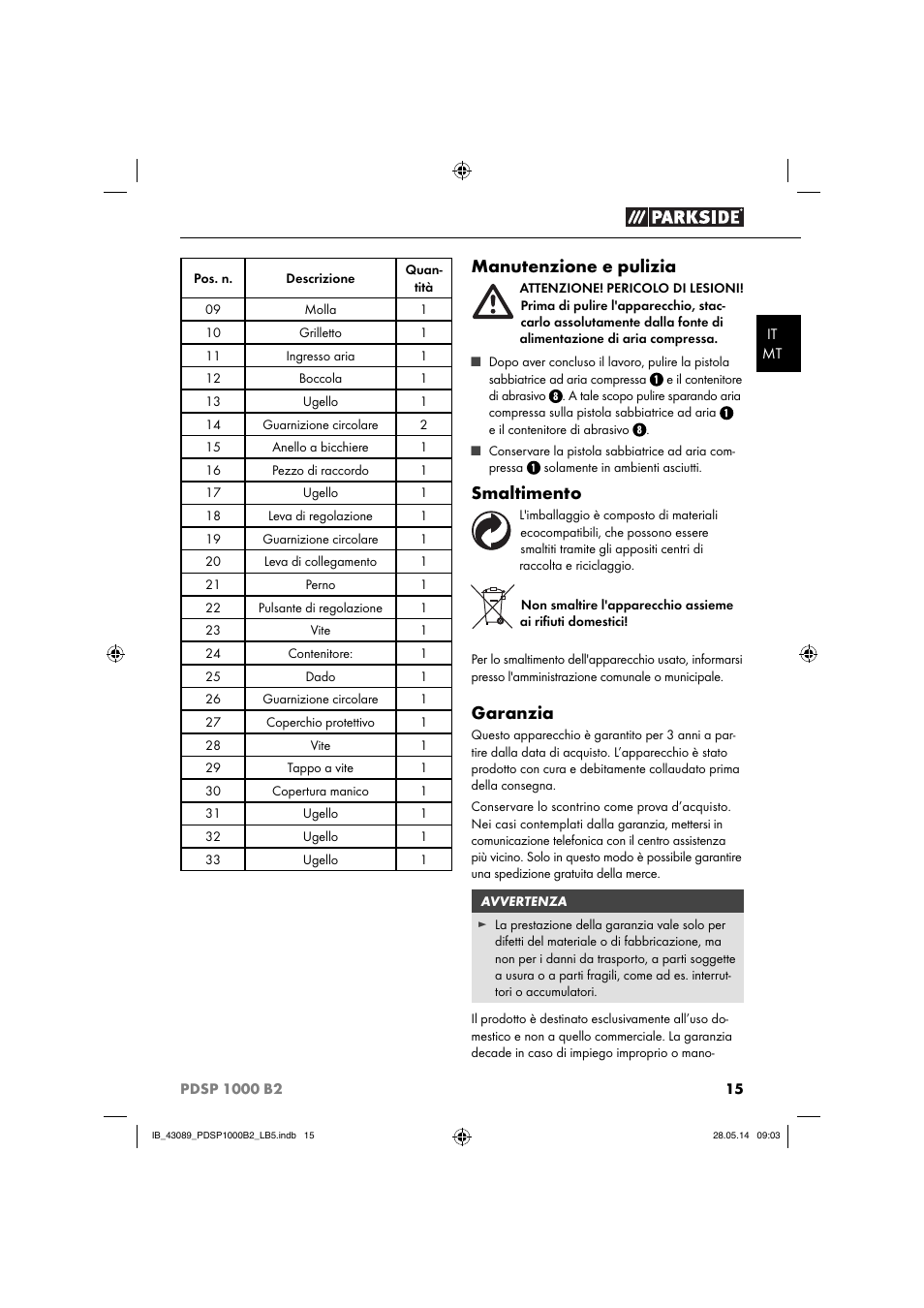 Manutenzione e pulizia, Smaltimento, Garanzia | Parkside PDSP 1000 B2 User Manual | Page 19 / 45