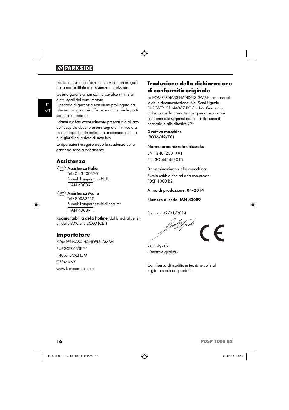 Assistenza, Importatore | Parkside PDSP 1000 B2 User Manual | Page 20 / 45