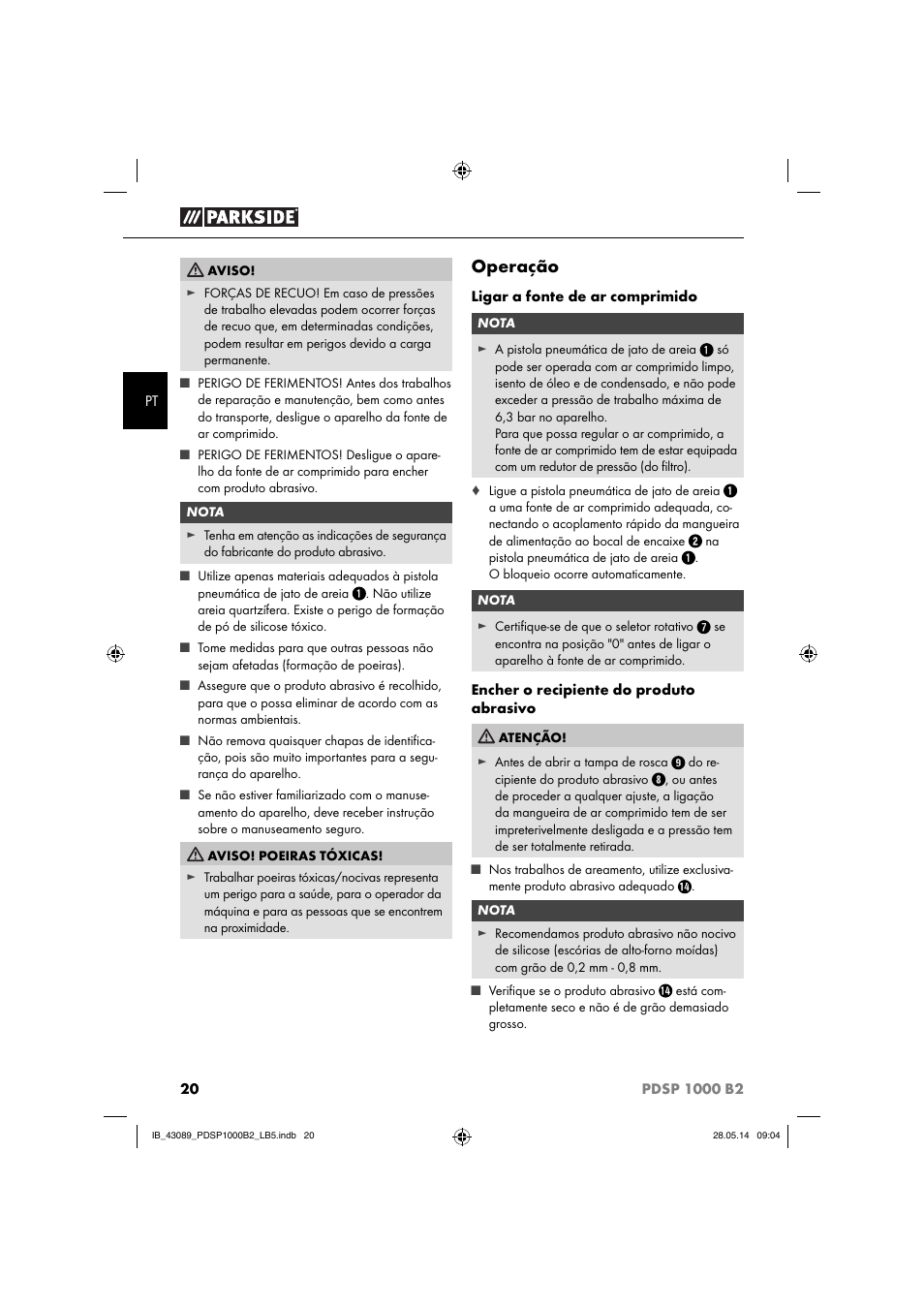 Operação | Parkside PDSP 1000 B2 User Manual | Page 24 / 45