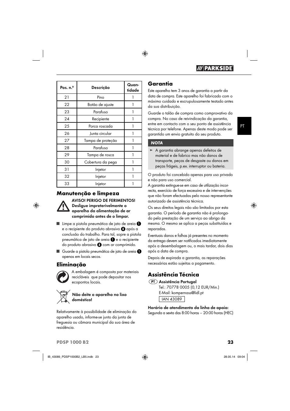 Manutenção e limpeza, Eliminação, Garantia | Assistência técnica | Parkside PDSP 1000 B2 User Manual | Page 27 / 45