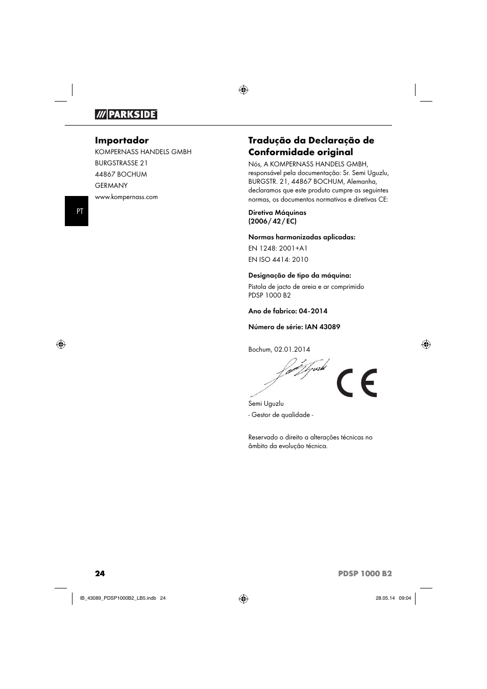 Importador, Tradução da declaração de conformidade original | Parkside PDSP 1000 B2 User Manual | Page 28 / 45