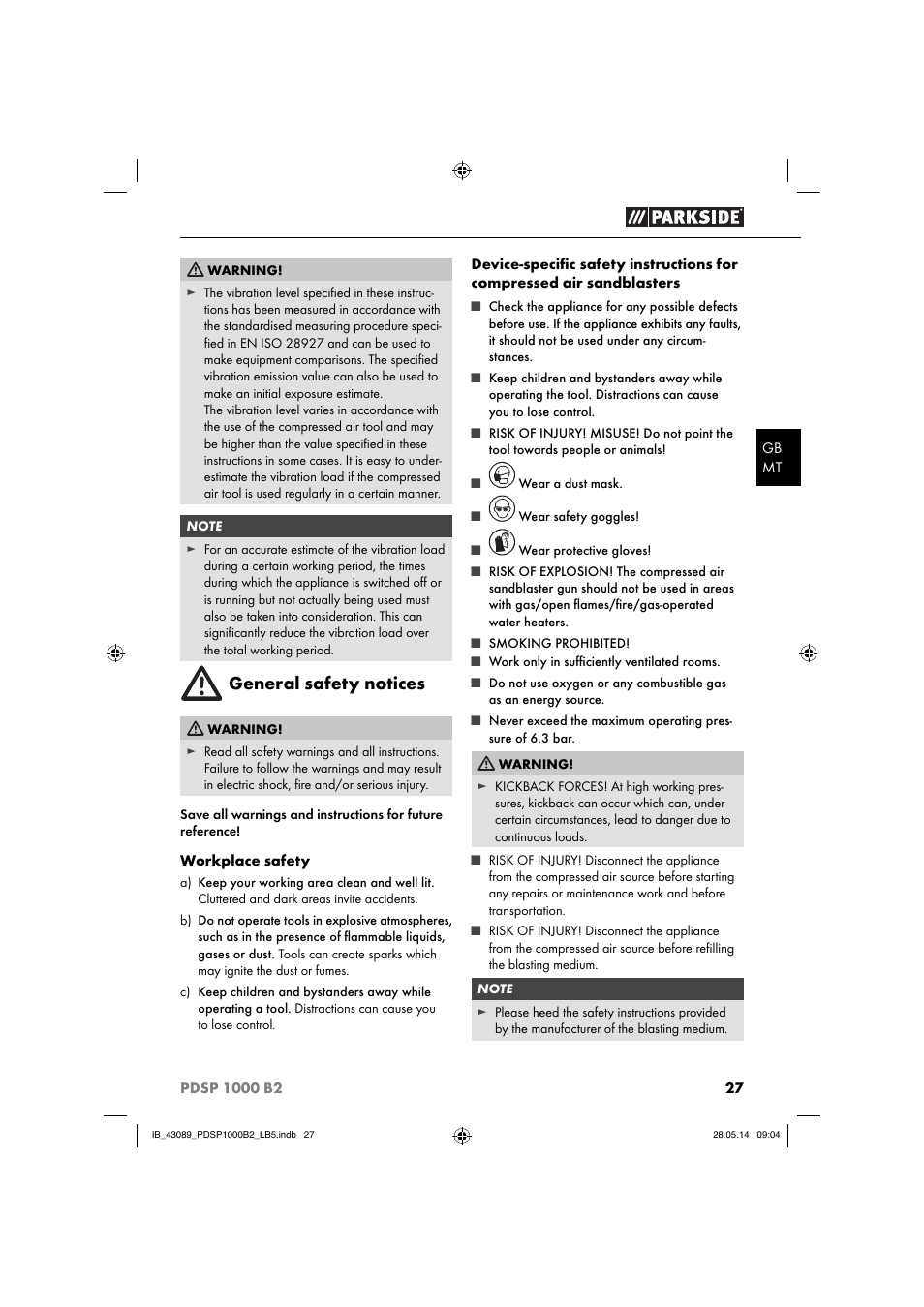 General safety notices | Parkside PDSP 1000 B2 User Manual | Page 31 / 45