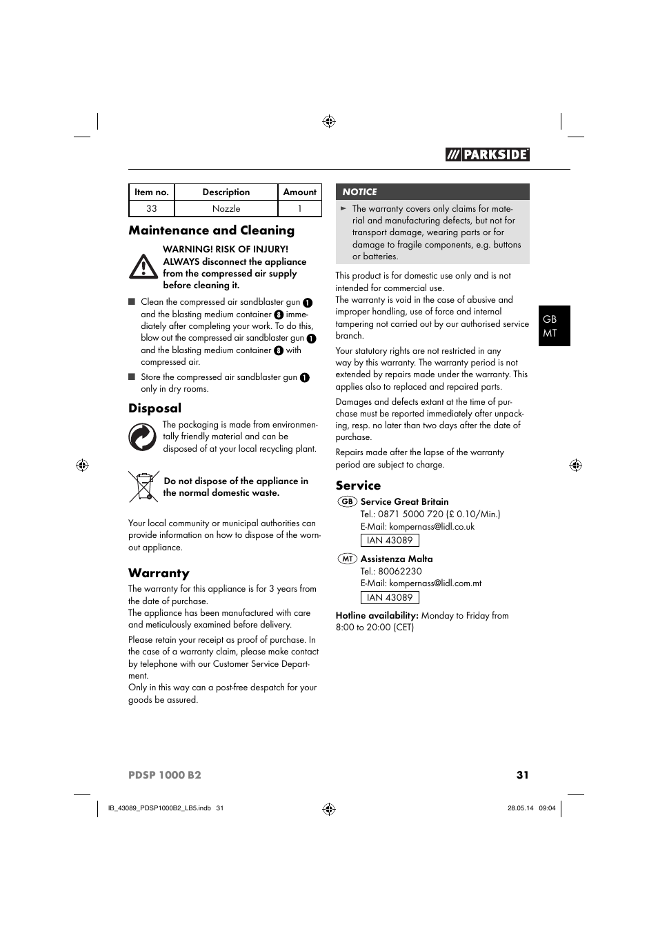 Maintenance and cleaning, Disposal, Warranty | Service | Parkside PDSP 1000 B2 User Manual | Page 35 / 45