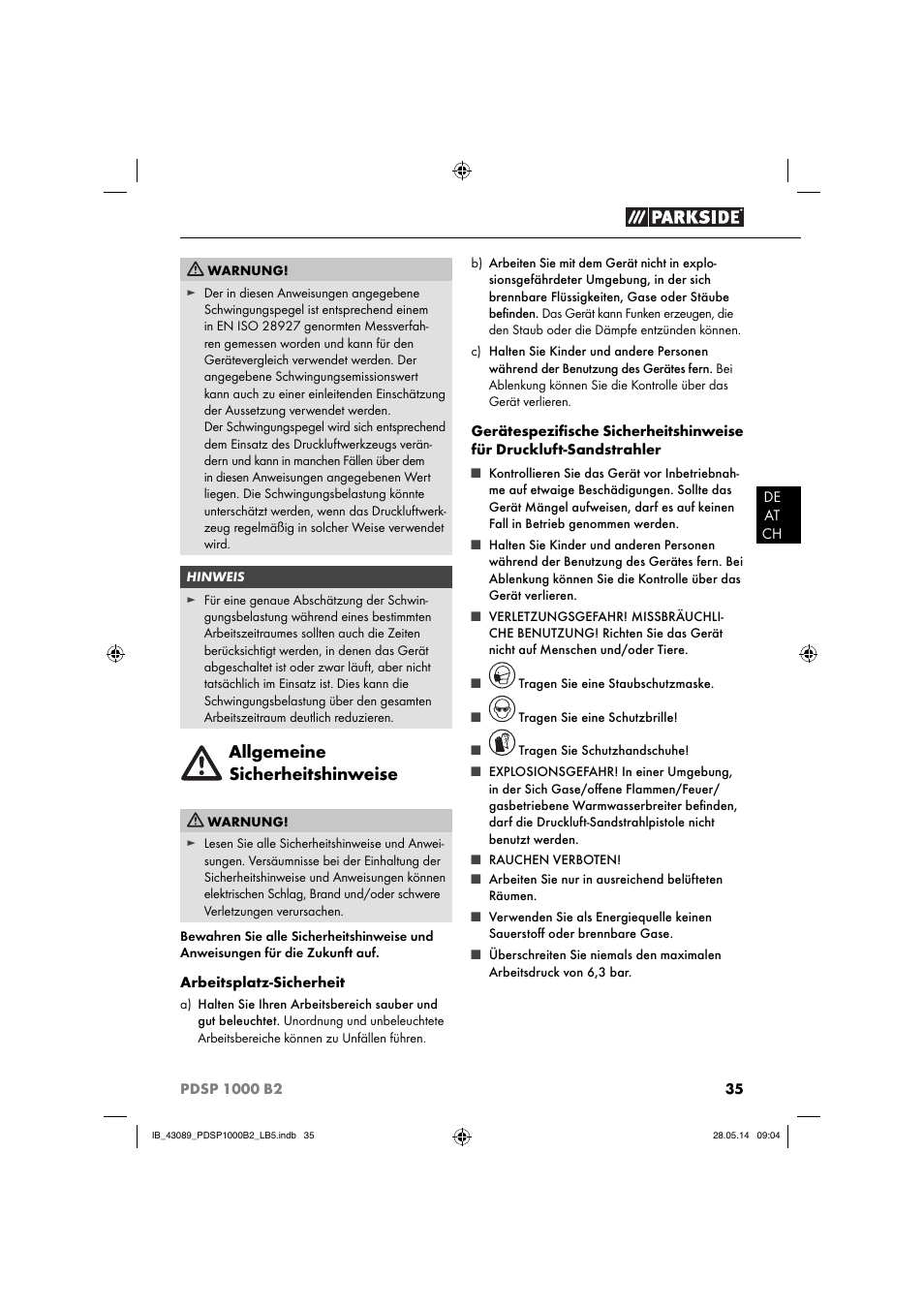 Allgemeine sicherheitshinweise | Parkside PDSP 1000 B2 User Manual | Page 39 / 45