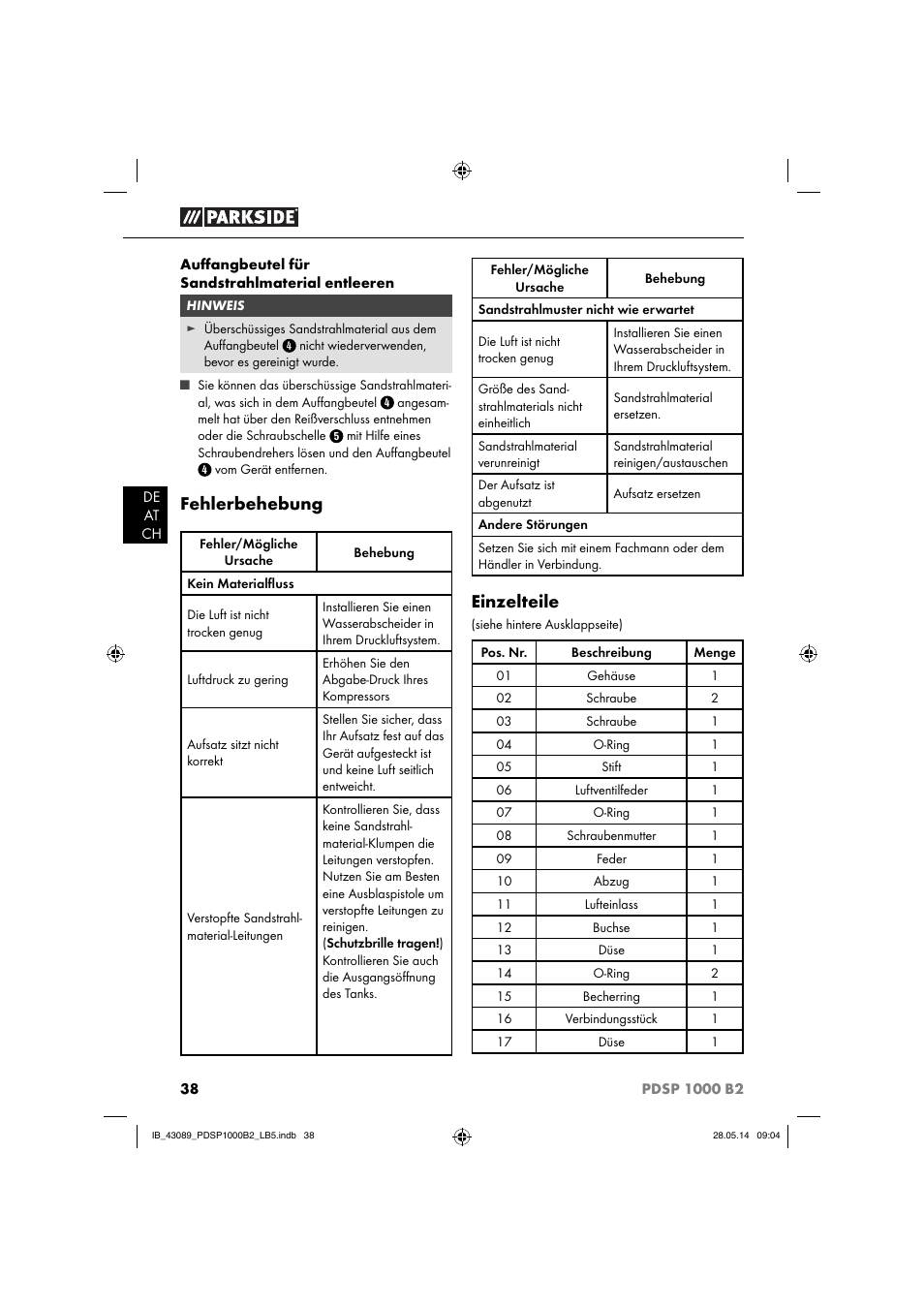Fehlerbehebung, Einzelteile | Parkside PDSP 1000 B2 User Manual | Page 42 / 45