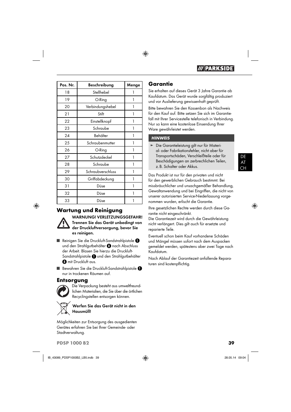 Wartung und reinigung, Entsorgung, Garantie | Parkside PDSP 1000 B2 User Manual | Page 43 / 45