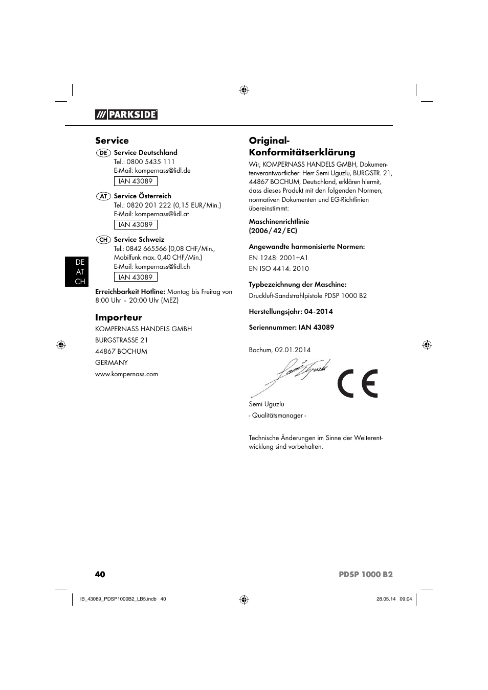 Service, Importeur, Original- konformitätserklärung | Parkside PDSP 1000 B2 User Manual | Page 44 / 45