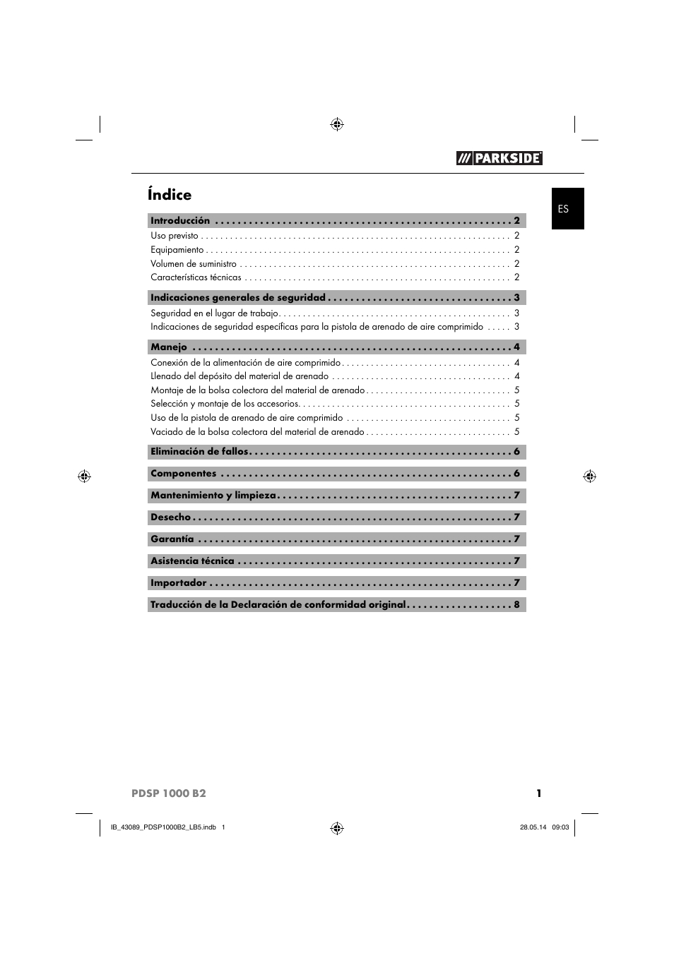 Índice | Parkside PDSP 1000 B2 User Manual | Page 5 / 45