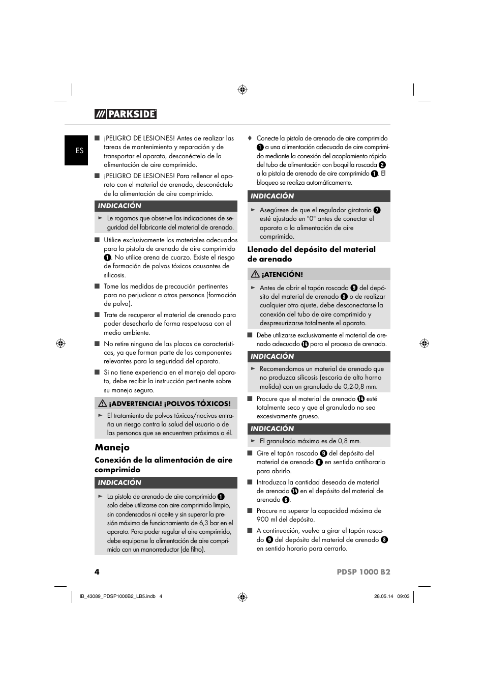 Manejo | Parkside PDSP 1000 B2 User Manual | Page 8 / 45