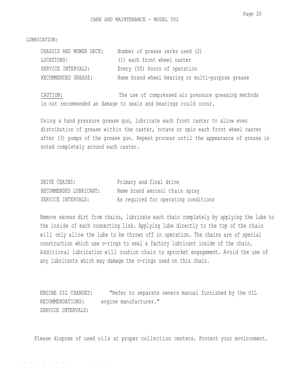 Drive chains: primary and final drive, Locations: (1) each front wheel caster, Service intervals: every (50) hours of operation | Dixon 502 User Manual | Page 23 / 36