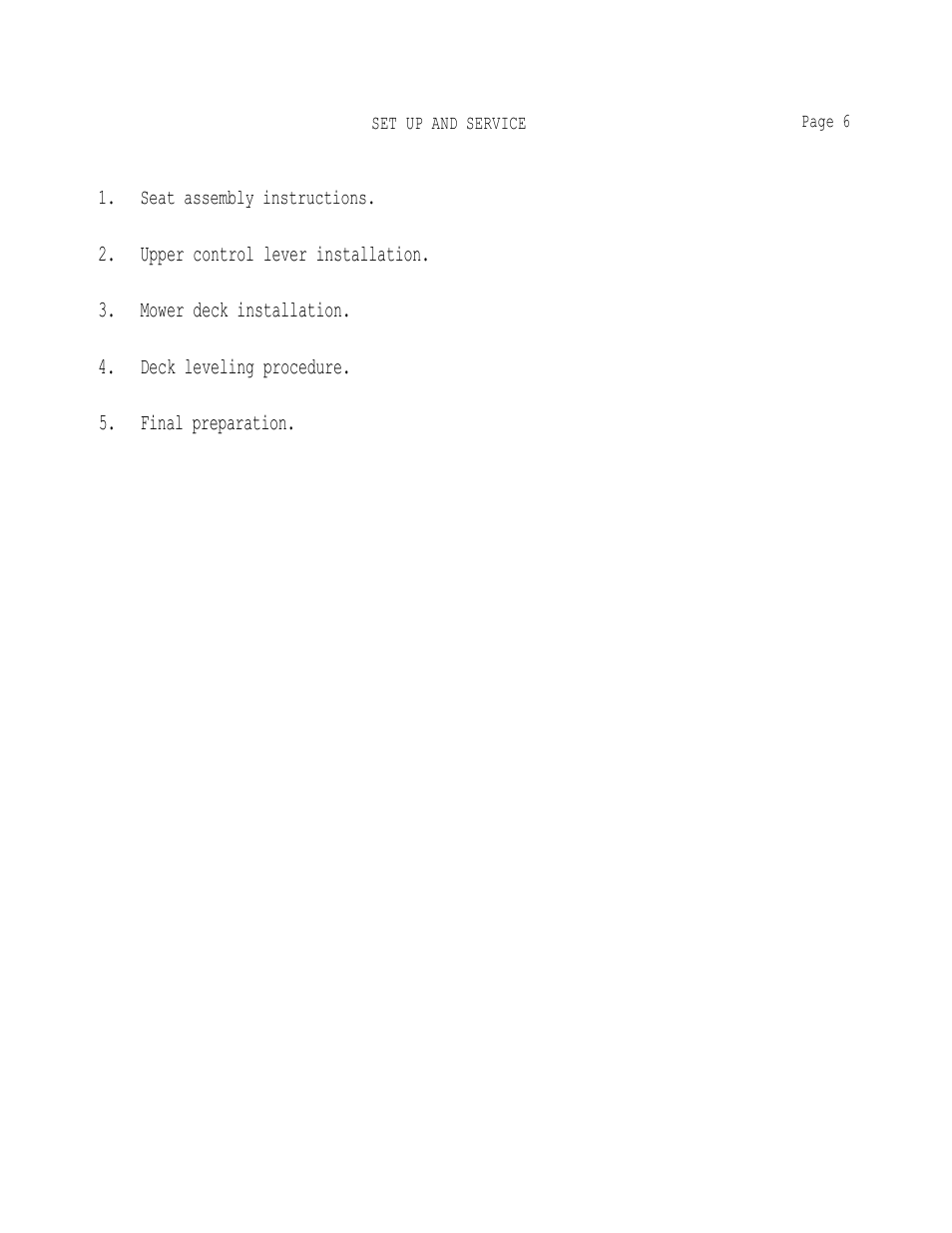 Upper control lever installation, Mower deck installation, Deck leveling procedure | Final preparation | Dixon 502 User Manual | Page 9 / 36