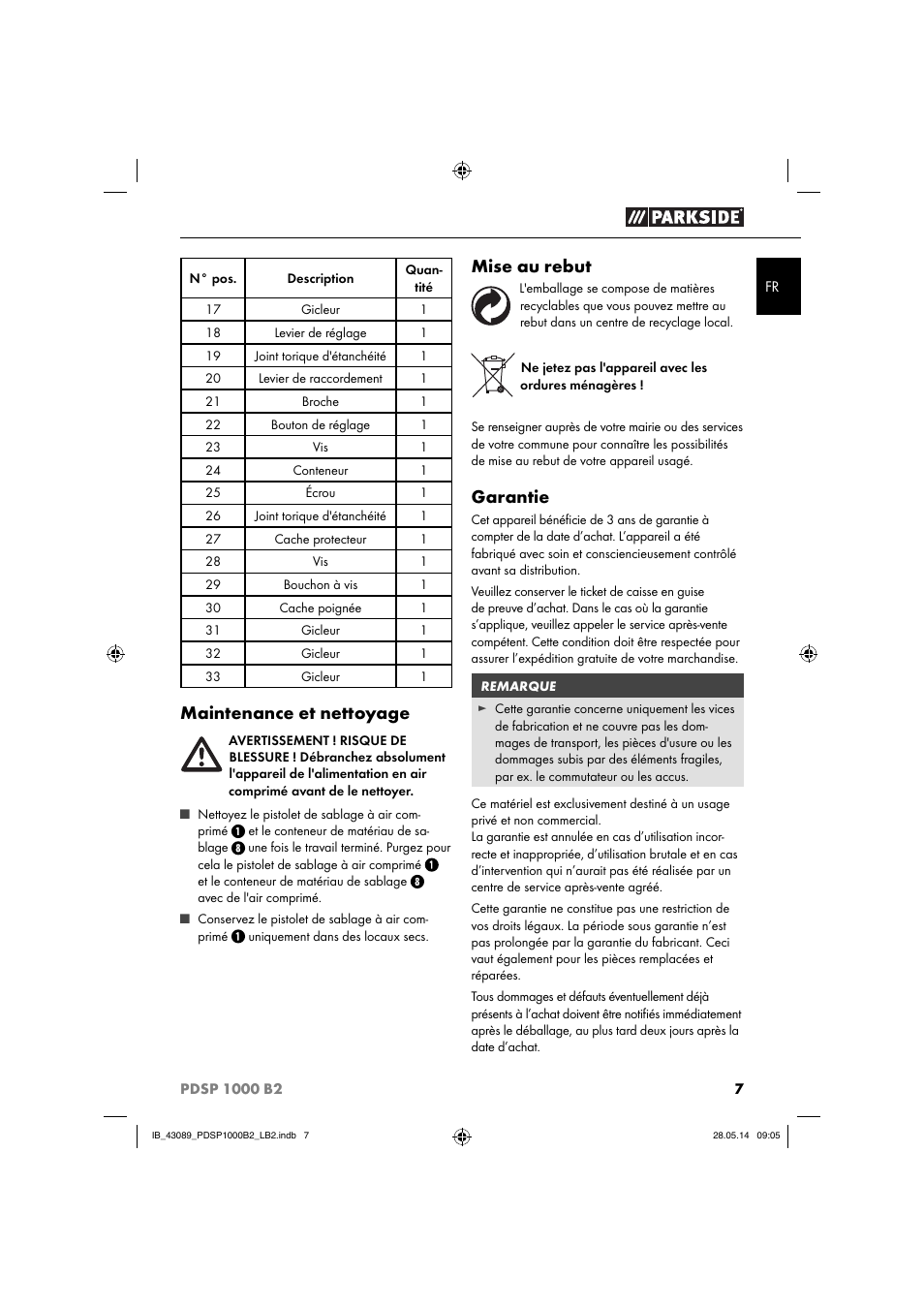 Maintenance et nettoyage, Mise au rebut, Garantie | Parkside PDSP 1000 B2 User Manual | Page 11 / 29