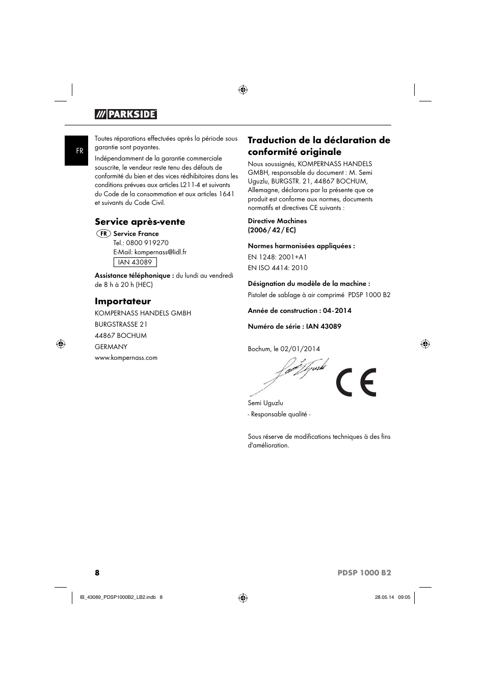 Service après-vente, Importateur | Parkside PDSP 1000 B2 User Manual | Page 12 / 29