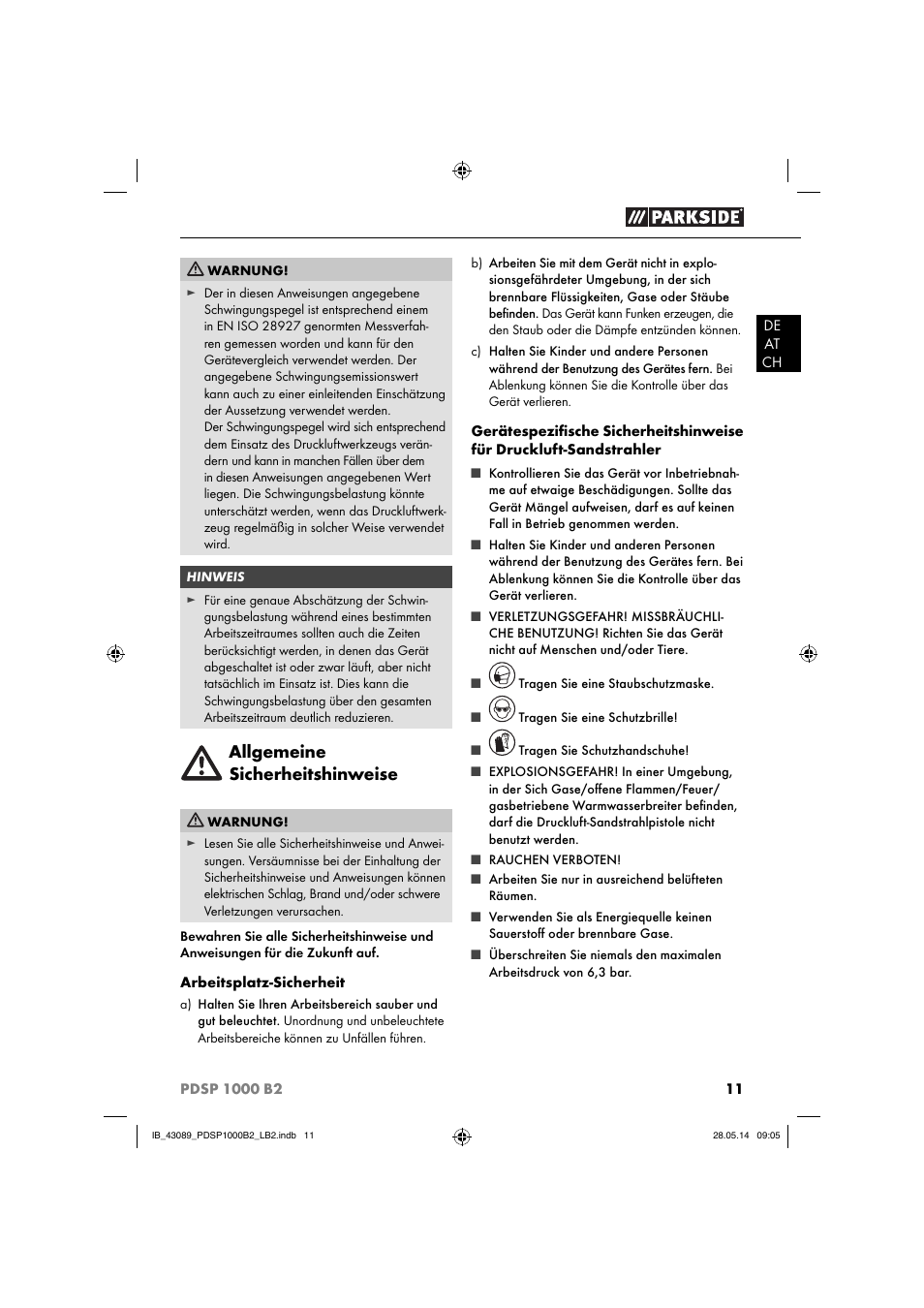Allgemeine sicherheitshinweise | Parkside PDSP 1000 B2 User Manual | Page 15 / 29