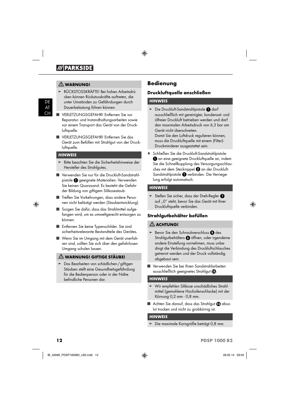 Bedienung | Parkside PDSP 1000 B2 User Manual | Page 16 / 29