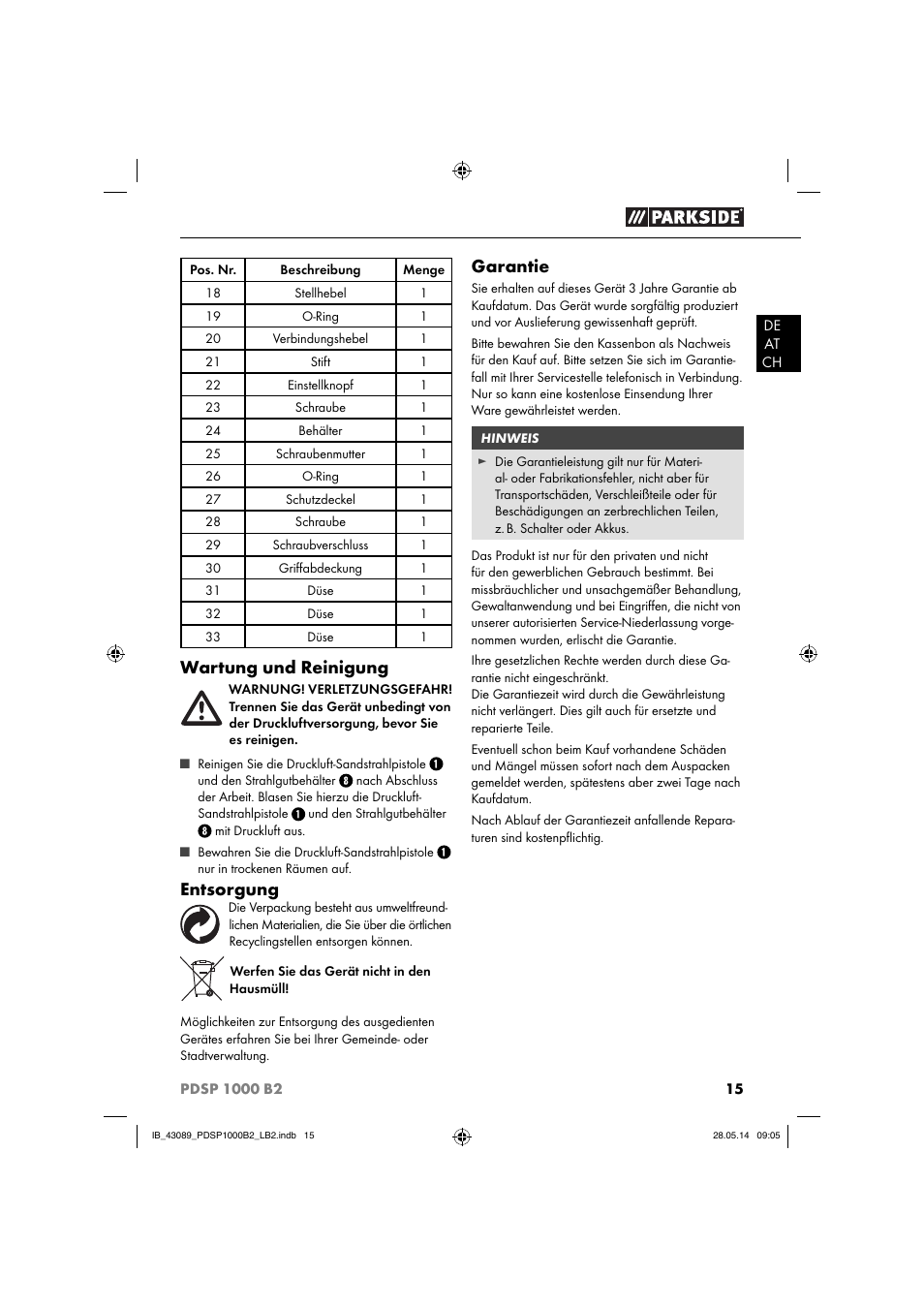 Wartung und reinigung, Entsorgung, Garantie | Parkside PDSP 1000 B2 User Manual | Page 19 / 29