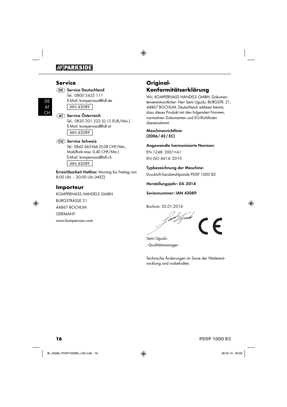 Service, Importeur, Original- konformitätserklärung | Parkside PDSP 1000 B2 User Manual | Page 20 / 29