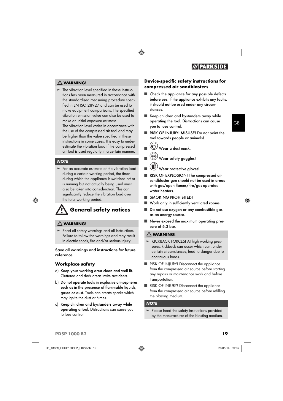 General safety notices | Parkside PDSP 1000 B2 User Manual | Page 23 / 29