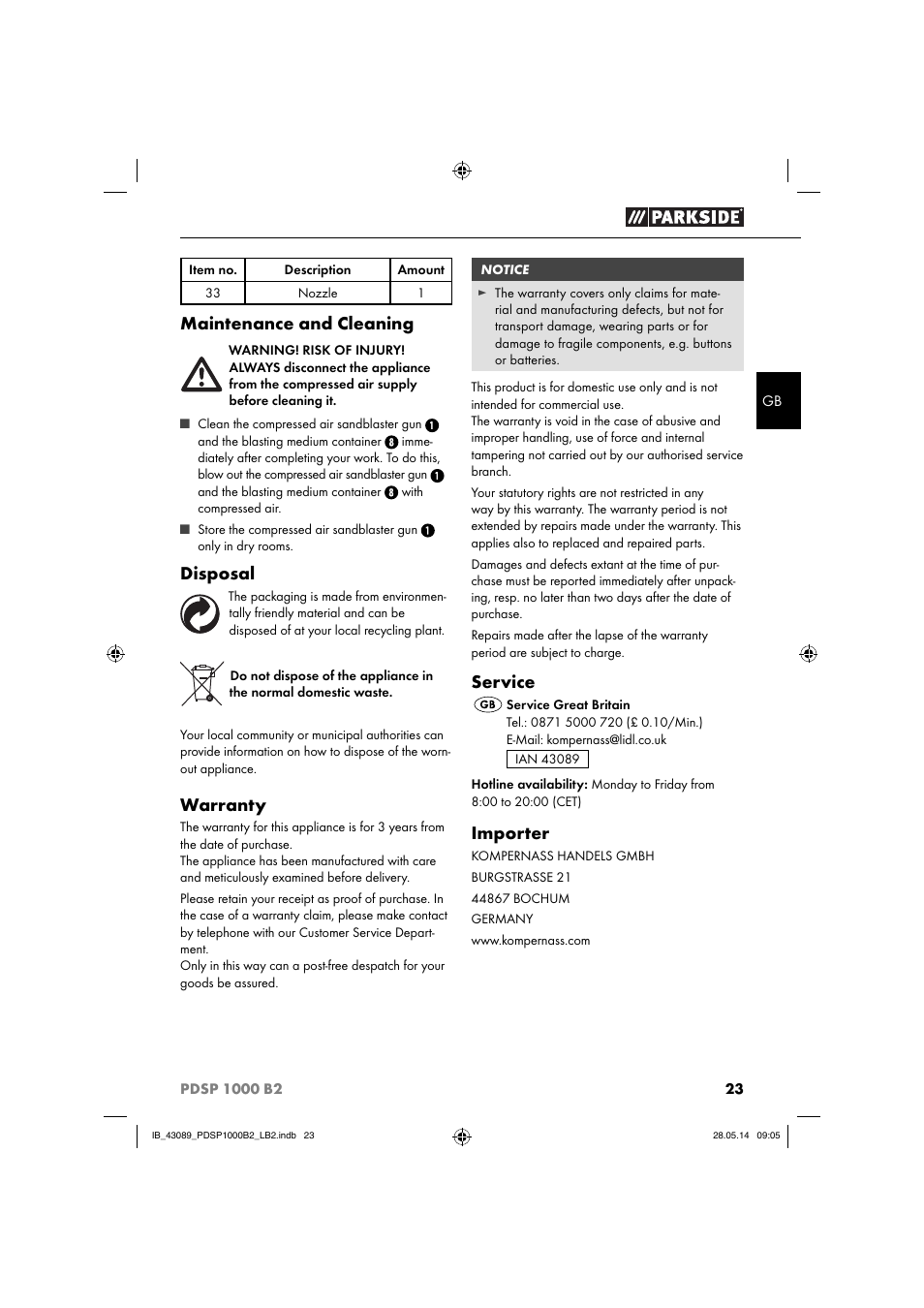 Maintenance and cleaning, Disposal, Warranty | Service, Importer | Parkside PDSP 1000 B2 User Manual | Page 27 / 29