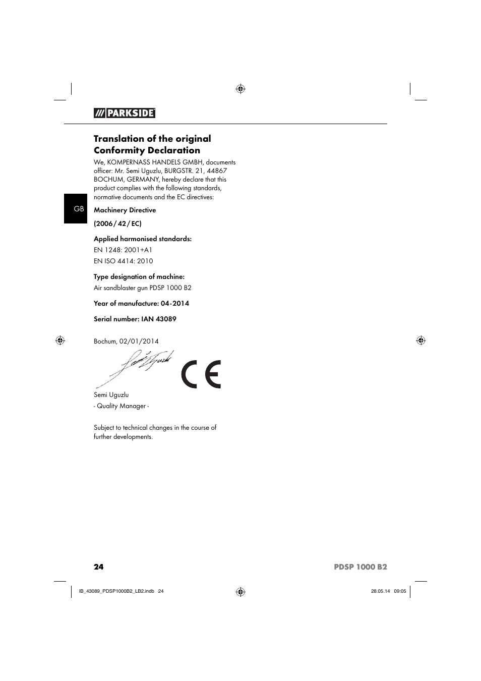 Translation of the original conformity declaration | Parkside PDSP 1000 B2 User Manual | Page 28 / 29