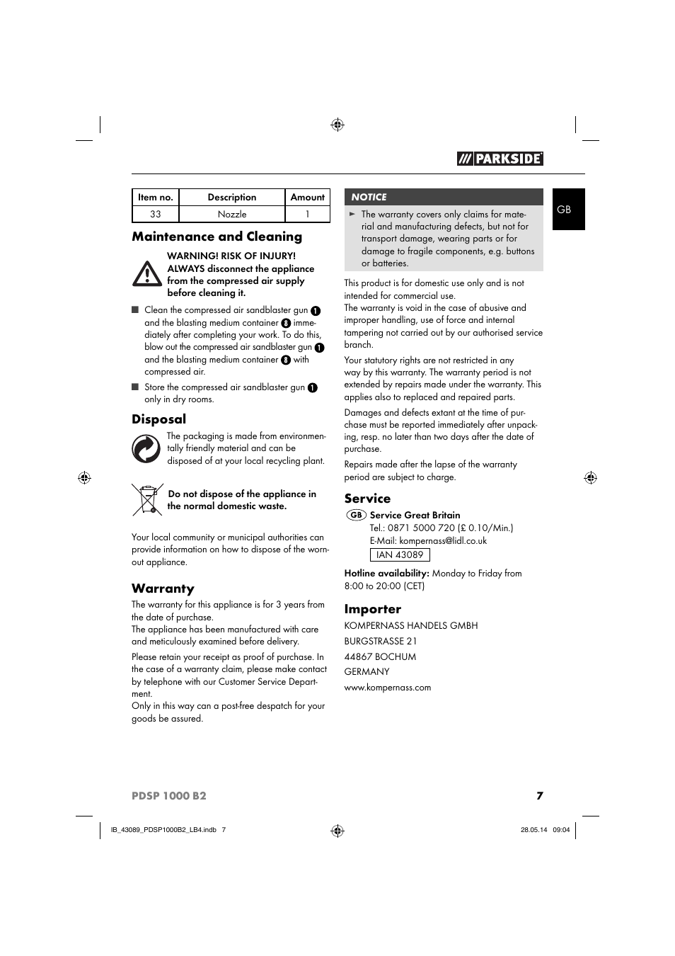 Maintenance and cleaning, Disposal, Warranty | Service, Importer | Parkside PDSP 1000 B2 User Manual | Page 11 / 53